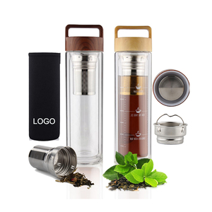 Bouteille d'eau en verre ronde à Double paroi, avec filtre en acier inoxydable et sans BPA, avec couvercle en bois étanche, <span class=keywords><strong>infuseur</strong></span> à thé, avec manches - Product Image 1