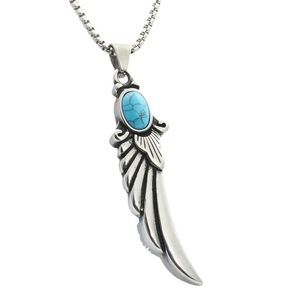 Pendentif en forme de plume d'aile en acier inoxydable avec incrustation de turquoise, collier pour homme, style rétro punk - Product Image 5