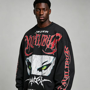 Custom Double-Sided Graphic Print Vintage Washed Black Long Sleeve Tee Men Distorted <strong>Flame</strong> Print Hip Hop Streetwear Cotton <strong>Shirt</strong> - Product Image 3