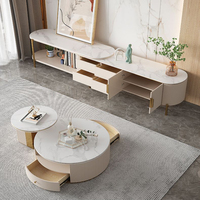 Ensemble de Tables Basses et Meuble TV en Bois, Design Moderne et Luxueux avec Piètement Doré et Verre, Meubles Personnalisés pour Salon, Idéal pour Entrepôts et Ateliers