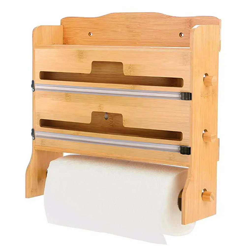 Hot Koop Bamboo Wall Mount Folie En Plastic Wrap Organizer Dispenser Met Cutter Keuken Papieren Handdoek Houder