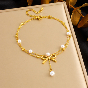 Tobillera de Dos Capas con Diseño de Estrella, Luna y Nube, Chapada en Oro, Acero Inoxidable, Incrustaciones de Concha, Colgante de Perla Sintética, Estilo Minimalista - Product Image 4