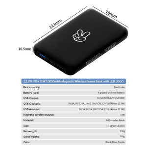Batterie externe magnétique sans fil avec logo lumineux personnalisé, 10000 mAh, haute capacité, PD 22,5 W, batterie externe portable - Product Image 4