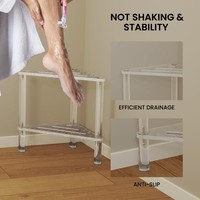 Tabouret de douche d'angle triangulaire en acrylique robuste avec étagère de rangement pour la douche et le rasage
