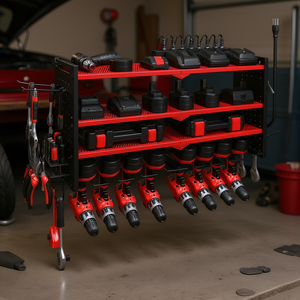 D0100X301RX Station de charge murale à 8 prises, support de rangement à 4 niveaux pour perceuses, organisateur d'outils de garage rouge - Product Image 2