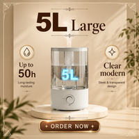 Humidificateur Électrique Ultrasonique Blanc, Aromathérapie, Veilleuse à Changement de Couleur, Commande par Bouton, Capacité 5L, Faible Bruit <30dB, Usage Domestique