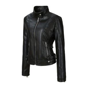 Chaqueta de cuero de vaca negra para mujer, estilo motociclista, ajustada, a la moda, con diseño personalizado impreso, tela resistente para invierno - Product Image 1