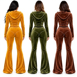 Custom Women Velvet <b>Tracksuit</b> Set 2 Piece Slim Fit Zip Up Hoodie and Flared Pants Luxury <b>Velour</b> Matching Outfit Manufacturer - Product Image 2