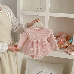 Tutina per Neonata Primavera 2026, Nuovi Arrivi, Stampa a Cuore in Rete, Colletto in Pizzo, Dolce Tuta Rosa - Product Image 3