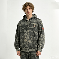 Hoodie Zip Camo Heavyweight Sun Faded Vintage Wash dengan Bordir Bunga, Pakaian Merek Fashion Pria Grosir