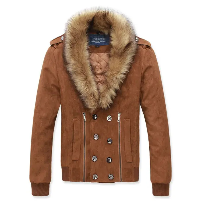 Korean style man big real fur collar polyester padding brown color winter suede coat