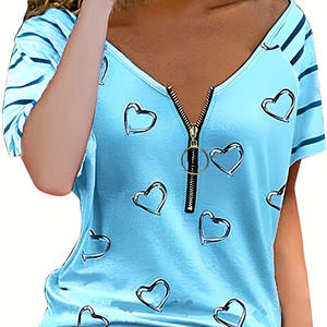 Camiseta de manga corta informal transpirable con cuello en V para mujer, tela tejida comprimida antibolitas holgada con cremallera conveniente - Product Image 1