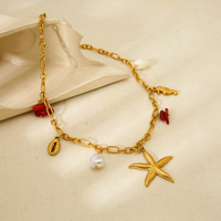 Bijoux DIY Colliers en acier inoxydable plaqué or 18 carats Colliers à breloques en coquille hippocampe perle corail rouge étanche pour femmes