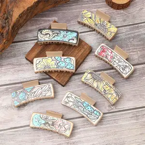 Hot Stocked Cowgirls Hair Accessories Faux Leather Patched Cowhide Turquoise Western Hair Claw Clips for Girls