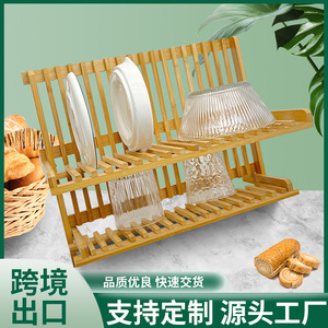 Escurridor de platos de bambú de doble nivel, de secado rápido, para platos y vasos de cocina - Product Image 5
