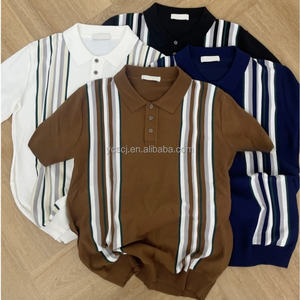 Мужская рубашка-поло в британском стиле в стиле ретро, легкая зрелая трикотажная рубашка с короткими рукавами и контрастными вертикальными полосами, слегка свободная - Product Image 1