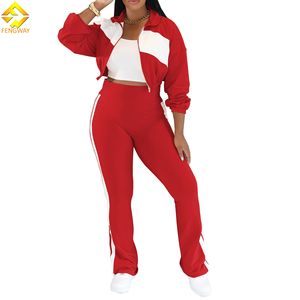 Otoño Invierno Streetwear mujer moda manga larga deportivo Casual conjunto de dos piezas Color bloque cremallera chaqueta pantalones largos traje - Product Image 5