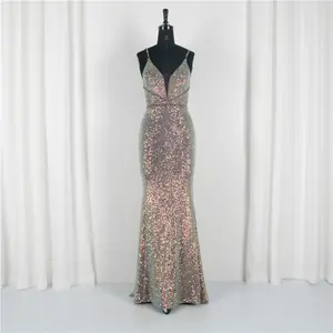 Real Sexy Sequined Sparkle Spaghetti Strap Bare Back Formal Women Luxury Evening Prom Dress For Women