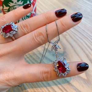 Fashion Eco-friendly Copper Fresh Style Red Zircon Necklace and Ear Ring 3PCS <b>Set</b> Lucky Flower Jewelry <b>Set</b> for Women Daily Wear - Product Image 2