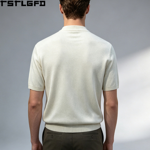 Custom Old Money Mock Neck Knit <b>T</b>-<b>Shirt</b> Men <b>Cream</b> Short Sleeve Slim Fit Ribbed Wholesale Bulk - Product Image 3