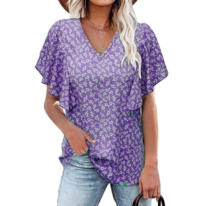 เสื้อเชิ้ตแฟชั่นผู้หญิง แขนสั้น คอวี ลายดอกไม้ จับจีบระบาย ขายดี - Product Image 4