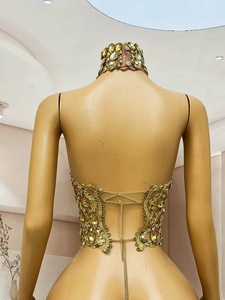 Traje de Danza con Temática de Canción Femenina para DJ, Estilo Gogo, Armadura Dorada, Ángulo Plano, Elástico, Corto, para Escenario, Talla Única, para Ballet - Product Image 3