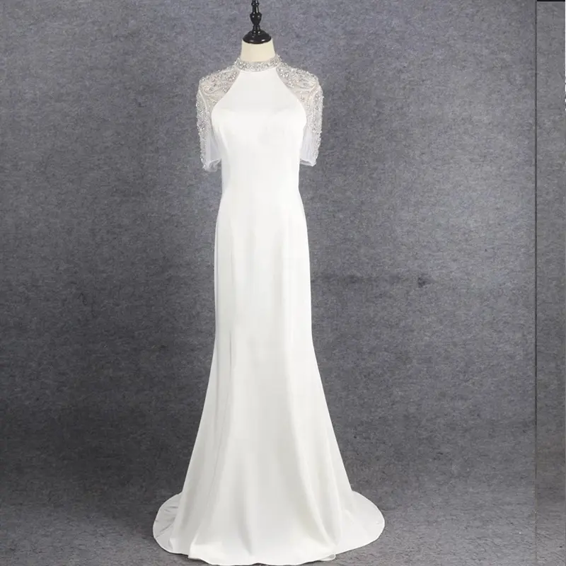 Atacado Modern Half Sleeve Mãe da Noiva Wedding Party Dress Elegante High Neck Luxury Bead Cristais Evening Gown Mermaid