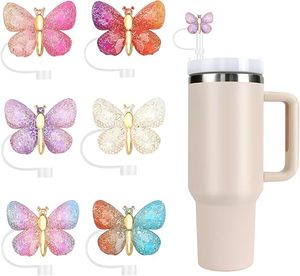 Cubiertas de Pajita con Brillantina de Mariposa, Adornos de Pajita Brillantes para Vasos Stanley <span class=keywords><strong>Quencher</strong></span> de 30oz y 40oz, Accesorios de Silicona Reutilizables de 10mm - Product Image 1