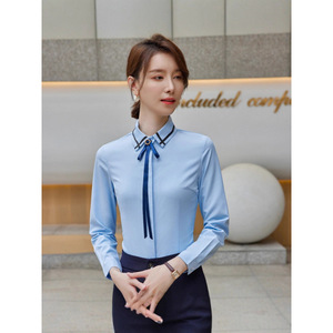 Women's Long Sleeve Shirt With Tie Neck Poplin Button Down Workwear For Business Commute Interview - Product Image 5