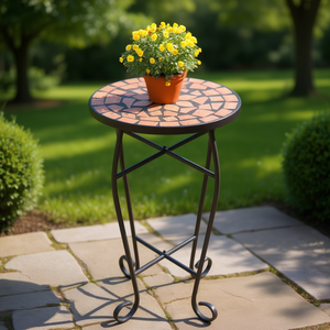 Table d'appoint en mosaïque avec plateau en terre cuite et structure en fer, mobilier d'extérieur de style méditerranéen, résistant à l'eau, décoration de jardin - Product Image 2
