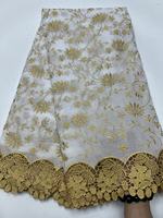 Tissu sergé 100 % coton pur K/C pour dentelle voile, broderie florale dorée, strass, 5 yards pour robe de mariée et jupes nigérianes