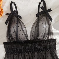 Robe de nuit sexy transfrontalière européenne et américaine en polyester noir à pois, avec empiècements en dentelle et maille, transparente, avec bretelles et string