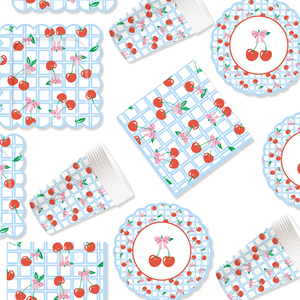 Juego de Vajilla Desechable DAMAI con Diseño de Cereza para Fiestas Infantiles, Platos, Vasos y Servilletas de Papel en Color Azul Claro - Product Image 4