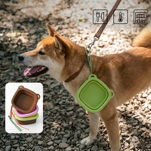 Bol pour chien en silicone portable, pliable, plat de nourrissage de voyage, couleur unie, forme carrée, utilisation en extérieur pour animaux de compagnie - Product Image 1