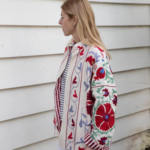 Chaqueta Corta Kimono Bordada a Mano con Bordado Suzani Vintage, Clásica, Elegante, Blanca, de Algodón Otoñal, Ecológica, Precio al por Mayor - Product Image 1