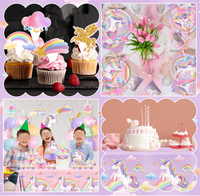 Ensemble de vaisselle et décorations pour fête d'anniversaire Licorne Arc-en-ciel : Assiettes, gobelets, serviettes, couverts, nappe, bannière, spirales, décorations de gâteau en nid d'abeille