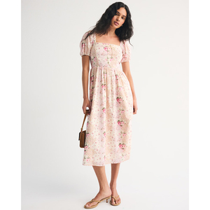 LEDUO 2026 Vestido de Verano para Mujer, Elegante, Casual, Cuello Cuadrado, Mangas Cortas Abullonadas, Estampado Floral, Corte en A, Fluido - Product Image 1