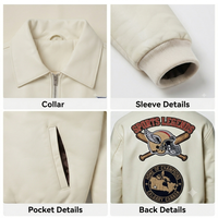 Blouson en cuir blanc crème pour homme, broderie de patchs d'équipes multisports, col à revers, fermeture éclair, style bomber vintage streetwear, personnalisable OEM
