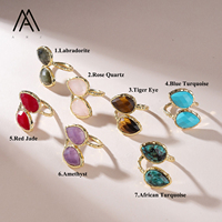 Bague double goutte d'eau en pierre naturelle, taille facetée, sertissage texturé, ajustable, bijoux bohèmes pour femme