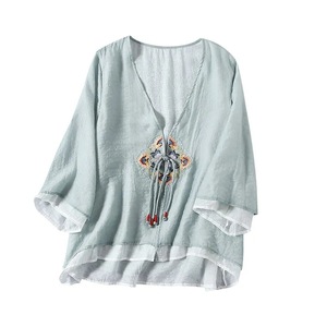 Women's Cotton Linen Embroidered Cardigan Pink Three Quarter Sleeve Chinese Style <b>Top</b> With Geometric Pattern - Product Image 5