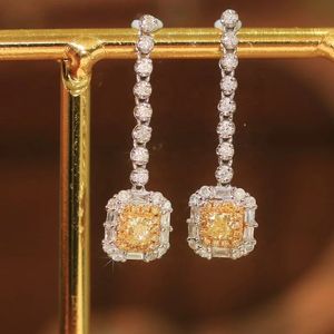 Xinfly 18K White Gold <b>Cushion</b> Cut Dangle Drop Earrings with Fancy Yellow Diamond - Product Image 1