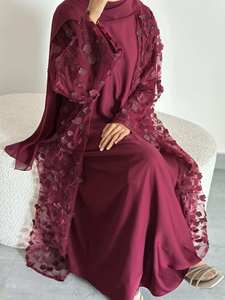 Conjunto de Tres Piezas de Moda <span class=keywords><strong>Juvenil</strong></span> para <span class=keywords><strong>Mujer</strong></span> Musulmana Islámica de Dubái, Color Sólido con Encaje Estampado, Vestido Tradicional Étnico - Product Image 4