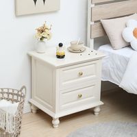 Mesita de Noche de Madera Maciza con Dos Cajones, Color Blanco Crema Europeo, Diseño Nórdico Minimalista de Lujo Ligero para Sala de Estar de Apartamento