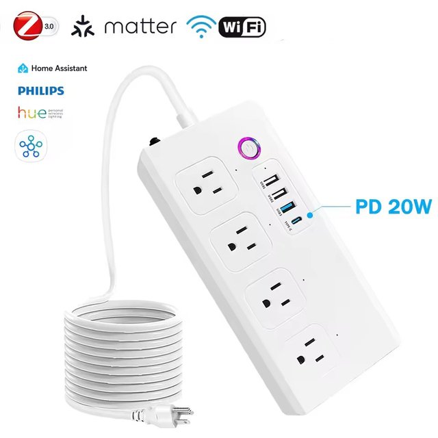 WiFi/Zigbee/Matter 16A Power Strip US PD 20W USB C Fast Charging Surge Protector 1.5M Extension Cord Works Home Assistant