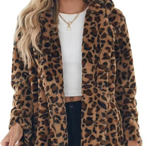 جاكيت حريمي هافدن طويل للخريف والشتاء، معطف بليزر من الفرو الصناعي بنقشة جلد الفهد، من الصوف المحبوك بمقاس كبير، مع جيب ونسيج منسوج - Product Image 1