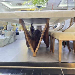 Bàn ăn bằng đá cẩm thạch tự nhiên Bàn ăn mặt phẳng lớn Bàn ăn bằng đá sang trọng mới nguyên bản của nhà thiết kế Chân gỗ nguyên khối - Product Image 4