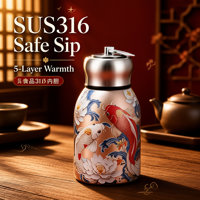 Botol Vakum Saku Baja Tahan Karat 316 Gaya Amerika 300ml Motif Kupu-kupu Merak Emas Cetak 5D Botol Air Terisolasi Dapat Dilipat