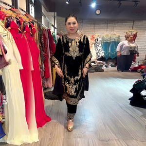 Women's Black Rayon Kurta With Gold Embroidery Traditional Indian Pakistani Wedding Wear Loose Fit <b>Ankle</b>-Length - Product Image 1