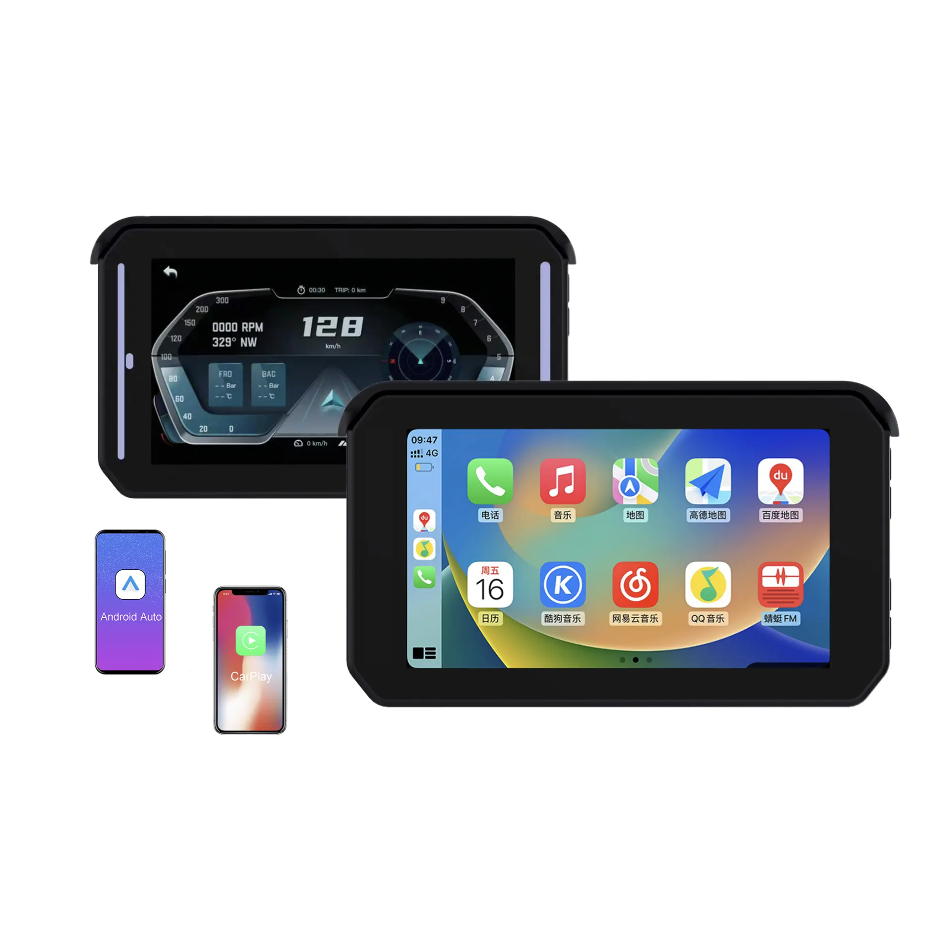 Vendita calda 5 pollici IP67 impermeabile antiurto navigazione GPS moto Carplay doppia fotocamera Wireless Android Auto