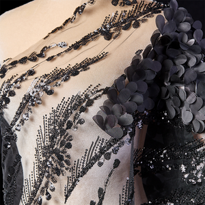 Giá bán buôn nặng đính cườm hoa sang trọng màu đen thêu đính cườm ren lưới vải cho váy - Product Image 2
